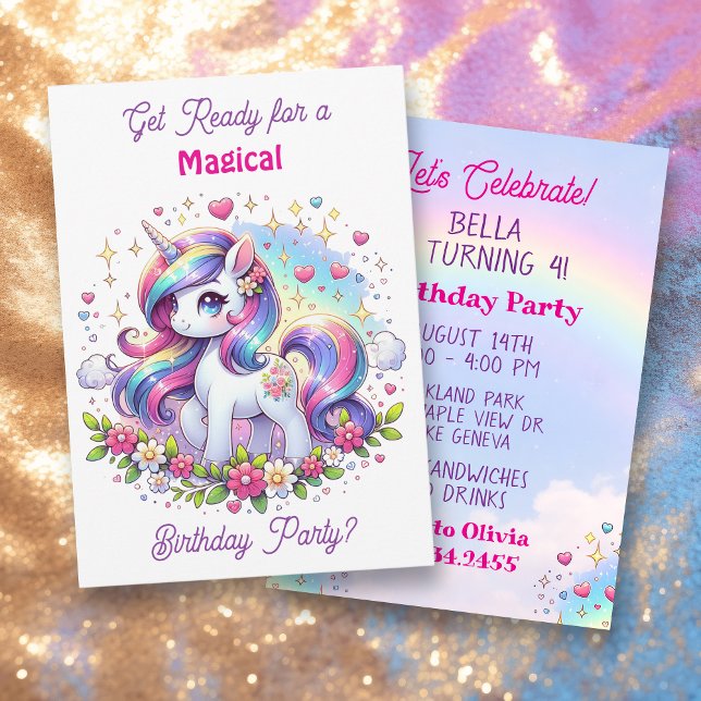 Rainbow Unicorn Girl's Birthday Party Invitation (Creator Uploaded)