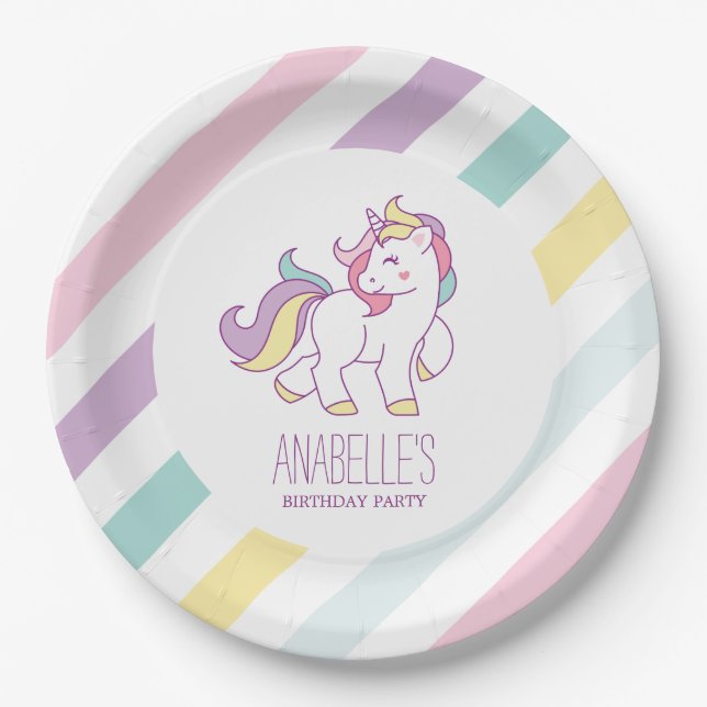Rainbow Unicorn Girls Birthday Party Paper Plate (Front)