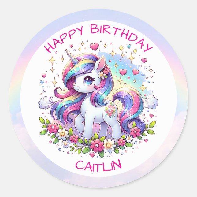 Rainbow Unicorn Girl's Birthday Party Personalized Classic Round Sticker (Front)