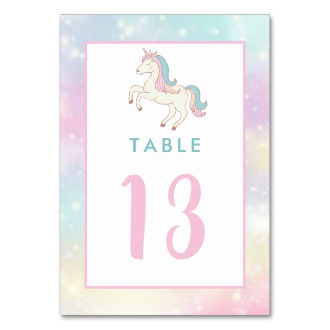 Rainbow Unicorn Girl's Birthday Party Table Number (Front)