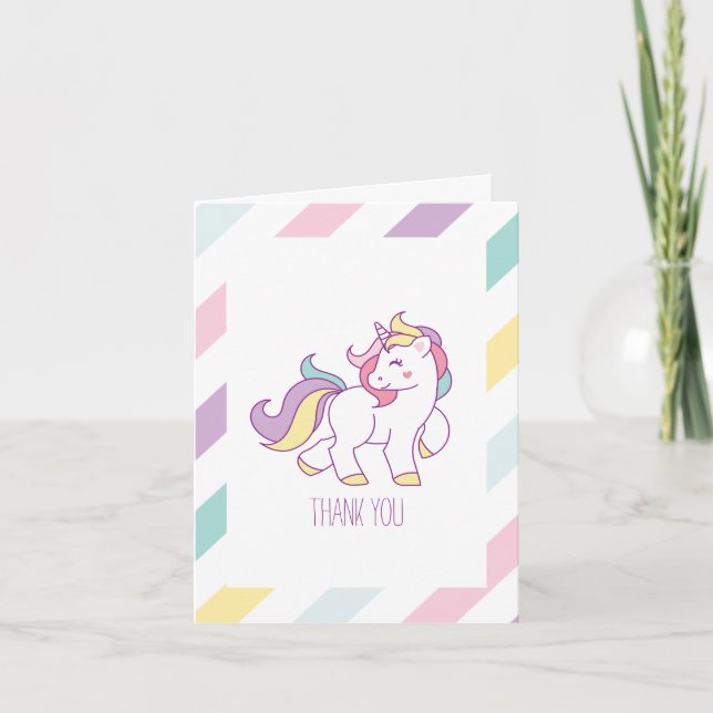 Rainbow Unicorn Girls Birthday Party Thank You Card (Front)