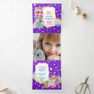 Rainbow unicorn girls DIY age purple stars girls  Tri-Fold Card