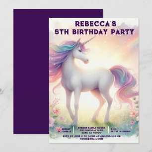 Rainbow Unicorn Girly Birthday Party Invitations