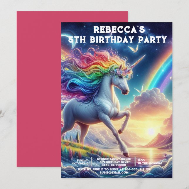 Rainbow Unicorn Girly Birthday Party Invitations (Front/Back)