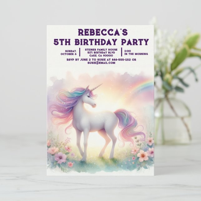 Rainbow Unicorn Girly Birthday Party Invitations (Standing Front)