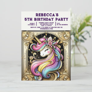 Rainbow Unicorn Girly Birthday Party Invitations