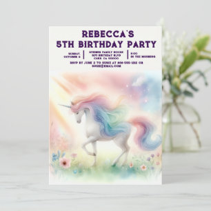Rainbow Unicorn Girly Birthday Party Invitations