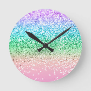 Rainbow Unicorn Glitter 1 (Faux Glitter) #pastel  Round Clock