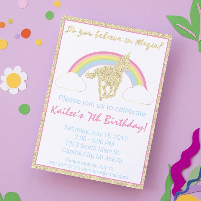 Rainbow Unicorn Glitter Birthday Party Invitation (Creator Uploaded)