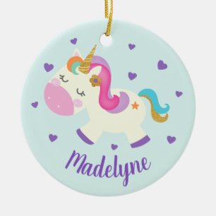 Rainbow Unicorn Glitter Christmas Aqua Name Ceramic Tree Decoration
