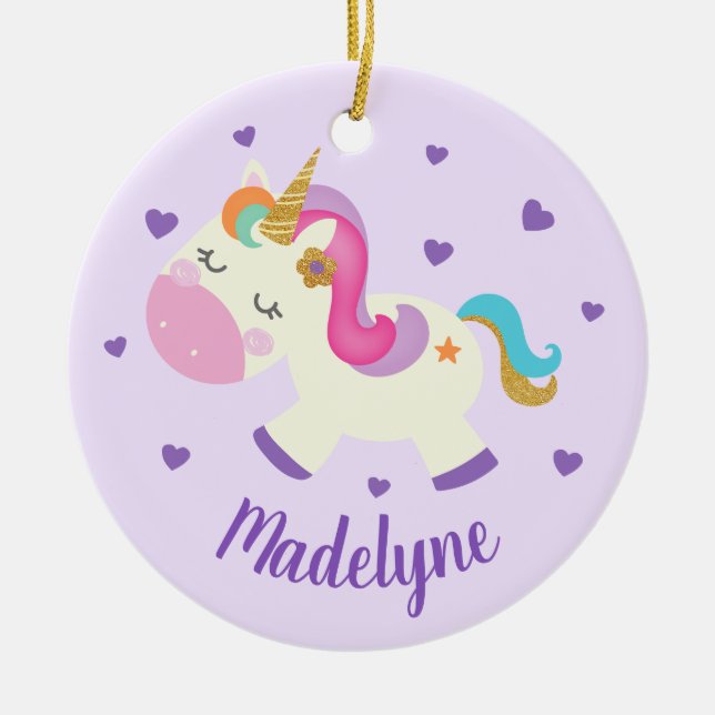 Rainbow Unicorn Glitter Christmas Purple Name Ceramic Tree Decoration (Front)