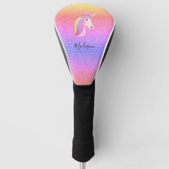 Rainbow Unicorn Glitter Magical Personalised Golf Head Cover (Front)