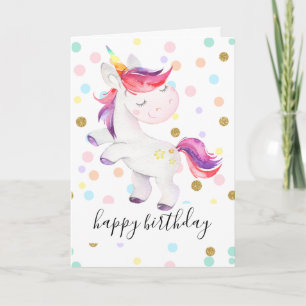 Rainbow Unicorn Glitter Polka Dot Girl Birthday Card