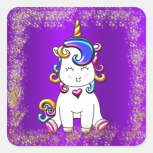 Rainbow Unicorn Glitter Purple Square Sticker