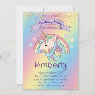 Rainbow Unicorn Gold Glitter Birthday Invitation