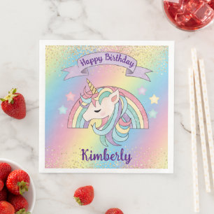 Rainbow & Unicorn Gold Glitter Birthday Napkin
