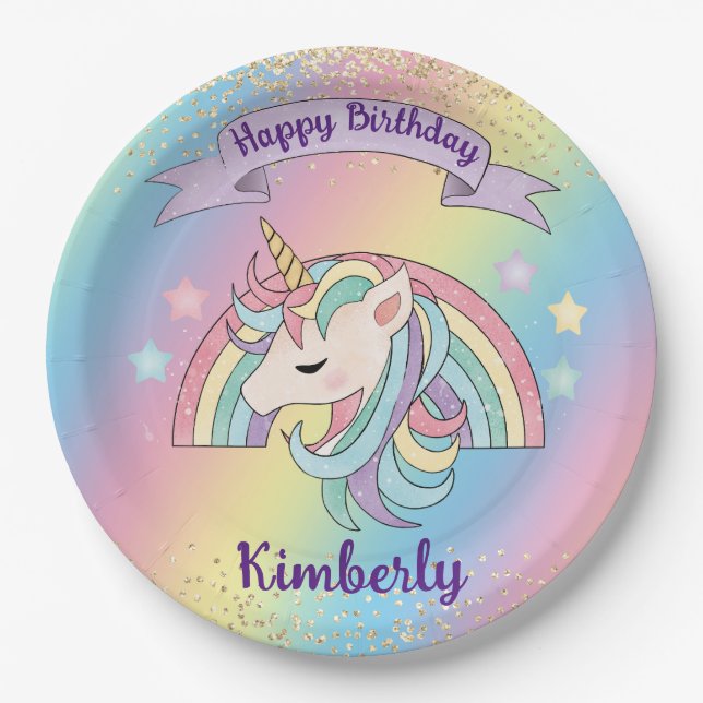 Rainbow & Unicorn Gold Glitter Birthday Paper Plate (Front)