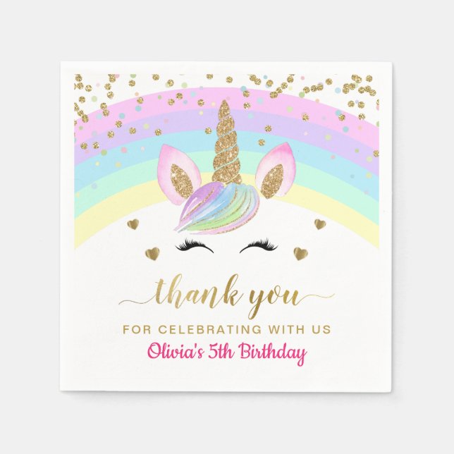 Rainbow Unicorn Gold Glitter Girl Birthday Paper Napkin (Front)