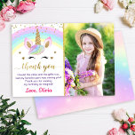 Rainbow Unicorn Gold Glitter Girl Birthday Photo Thank You Card<br><div class="desc">Rainbow Unicorn Gold Glitter Girl Birthday Photo Thank You Card</div>