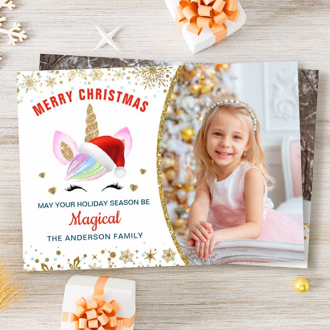 Rainbow Unicorn Gold Magical Christmas 2 Photo Holiday Card (Creator Uploaded)