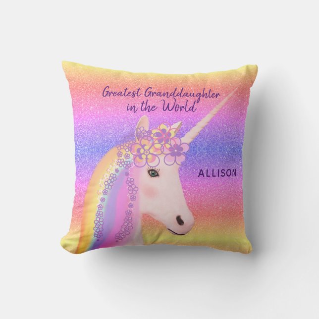 Rainbow Unicorn Greatest Granddaughter Custom Name Cushion (Front)