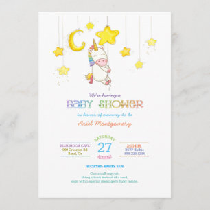 Rainbow Unicorn Hanging from Stars Baby Shower Invitation