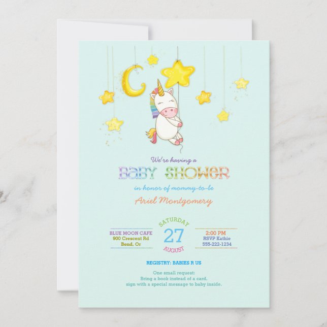 Rainbow Unicorn Hanging from Stars Baby Shower Invitation (Front)