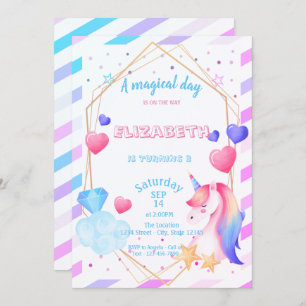 Rainbow Unicorn,Hearts, Striped Birthday Invitation