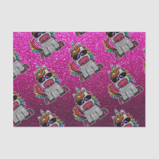 Rainbow Unicorn Hot Pink Glitter Birthday Wrapping Tissue Paper (Front)
