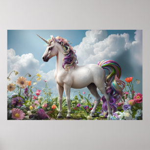 Rainbow Unicorn in Flower Meadow – Fantasy Pastel Poster