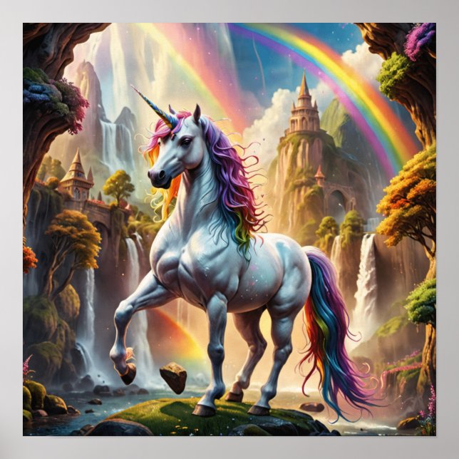 Rainbow Unicorn in front of Castle Poster (Front)
