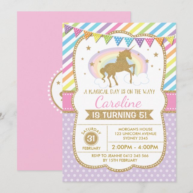 Rainbow Unicorn Invitation Birthday Party Invite (Front/Back)