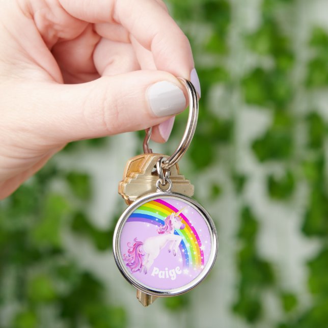 Rainbow unicorn jumping girls name  key ring (Hand)