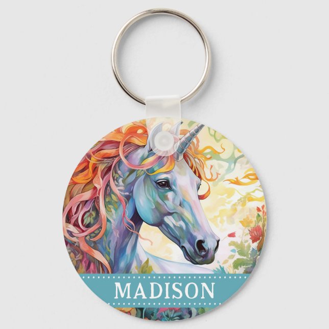 Rainbow Unicorn Keychain with Custom Name (Front)