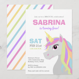 Rainbow Unicorn Kids Birthday Party Invitation