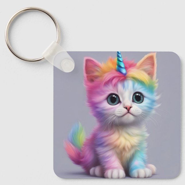 Rainbow Unicorn Kitten Key Ring (Front)