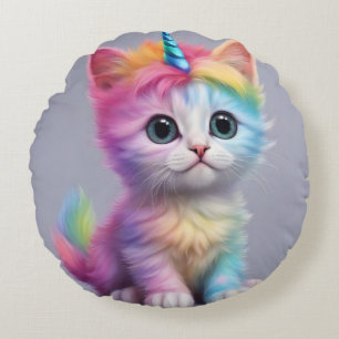 Rainbow Unicorn Kitten Round Cushion