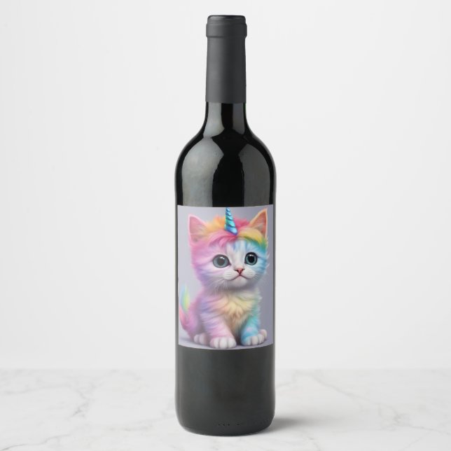 Rainbow Unicorn Kitten Wine Label (Front)