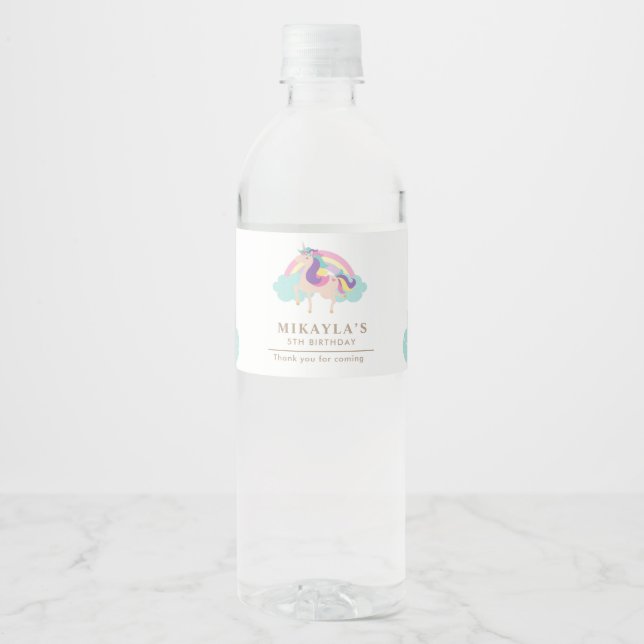 Rainbow Unicorn Magical Birthday Cute Minimalist Water Bottle Label (Front)