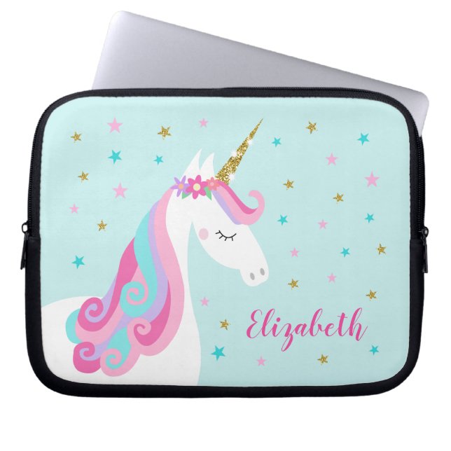 Rainbow Unicorn Magical Glitter Aqua Laptop Sleeve (Front)