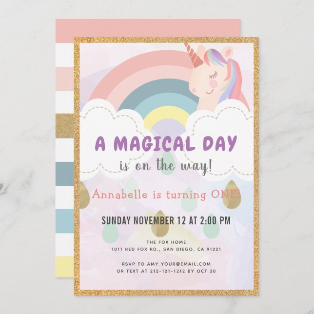 Rainbow & Unicorn Magical Gold Birthday Invitation (Front/Back)