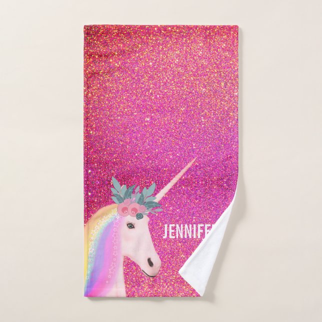 Rainbow Unicorn Magical Pink Glitter Hand Towel (Hand Towel)