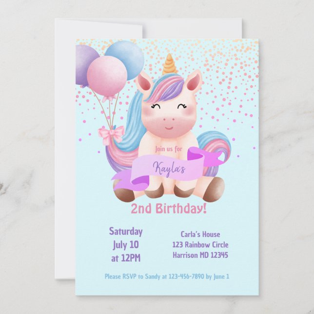 Rainbow Unicorn Magical Second Birthday Invitation (Front)