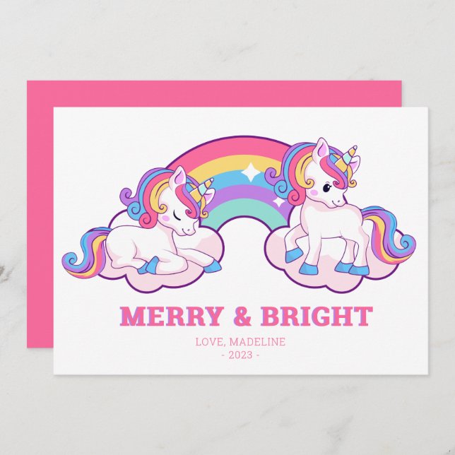 Rainbow Unicorn Merry and Bright Christmas Holiday Card (Front/Back)