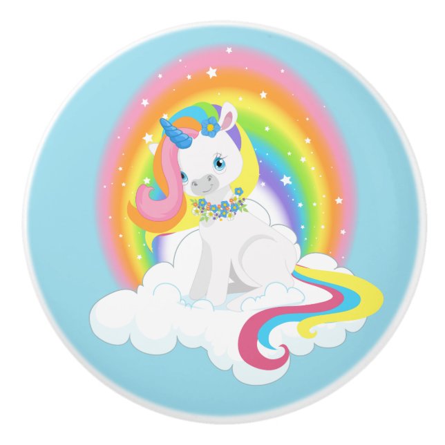 Rainbow Unicorn on a Cloud Ceramic Knob (Front)