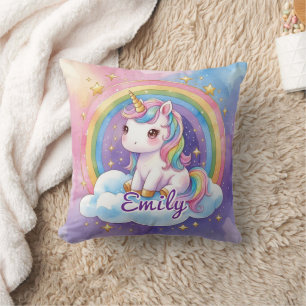 Rainbow Unicorn on Cloud Editable Name Pillow