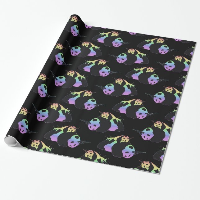 Rainbow Unicorn Pandas Magic Sparkle Cuddle Black Wrapping Paper (Unrolled)
