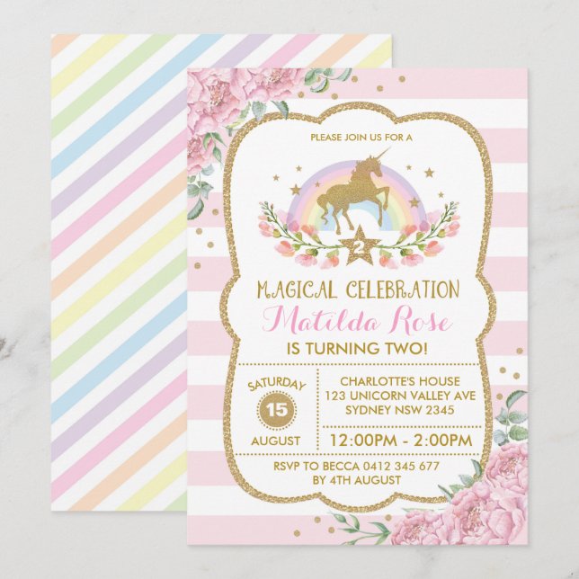 Rainbow Unicorn Party Birthday Invite Pink Floral (Front/Back)