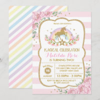 Rainbow Unicorn Party Birthday Invite Pink Floral