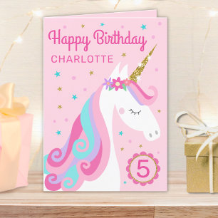 Rainbow Unicorn Personalised Age Pink Birthday Card